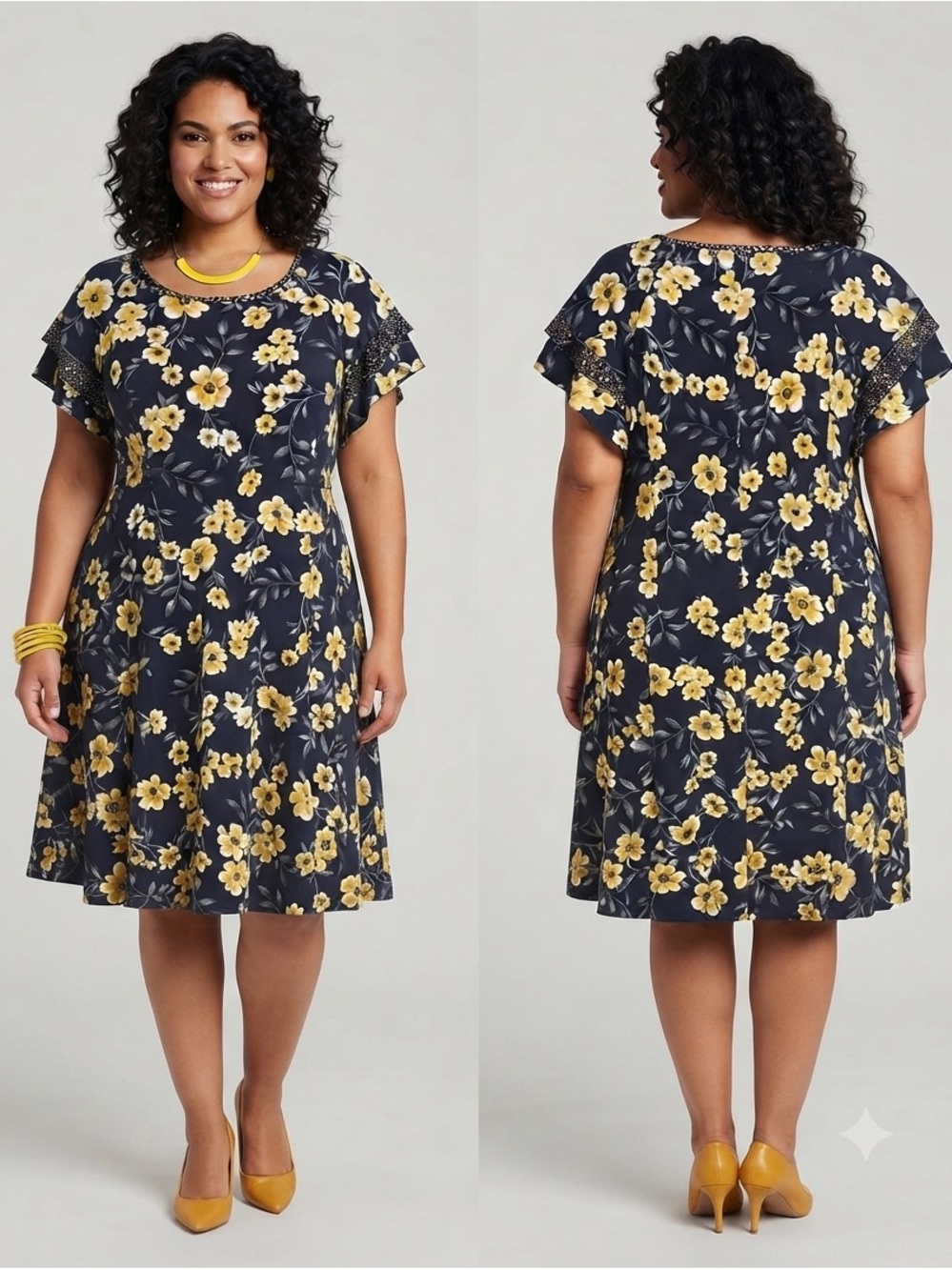 Perceptions Navy Floral A-Line Dress with Yellow Blooms